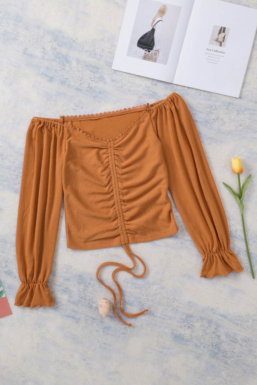 Drawstring Detail Flounce Sleeve Off-Shoulder Crop Top Orange