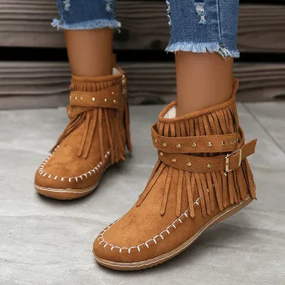 Fringe Studded Suede Flat Boots Caramel