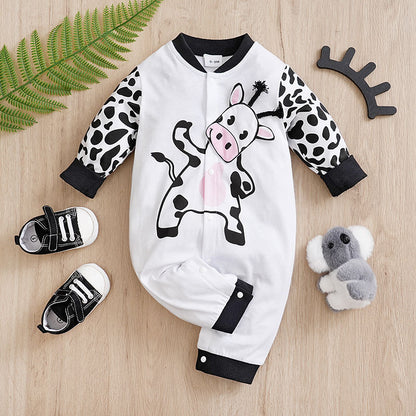 Baby Spring And Autumn One-piece Pajamas Newborn Baby Four Seasons Home Romper New Long Sleeve Inner Pullover White With Cow Pattern