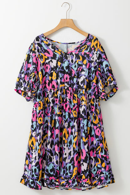 Purple Leopard Print Ruffled V Neck Plus Size Mini Dress