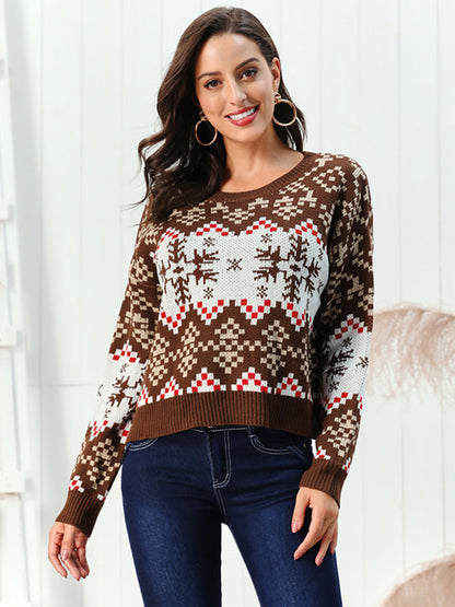 Snowflake Pattern Round Neck Sweater Chestnut