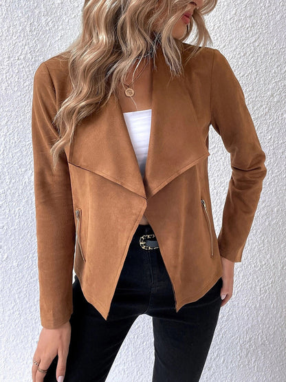 Collared Neck Long Sleeve Jacket Caramel