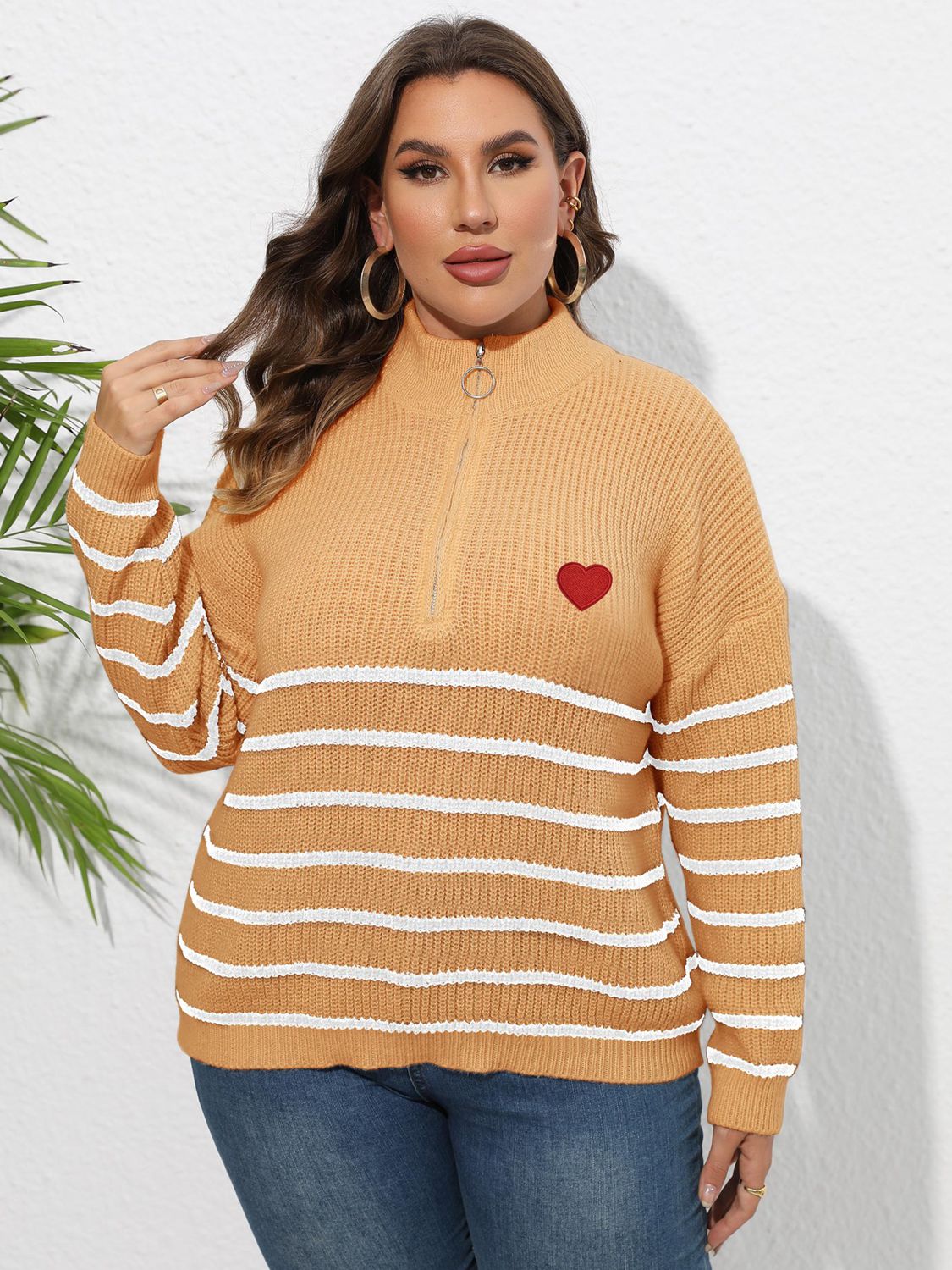 Plus Size Zip-Up Striped Sweater Tangerine