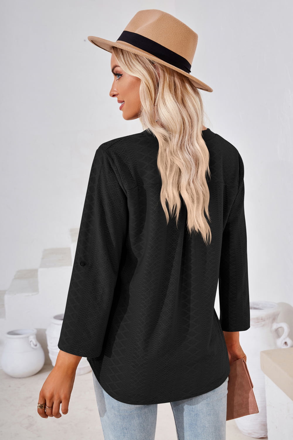 V-Neck Roll-Tap Sleeve Blouse