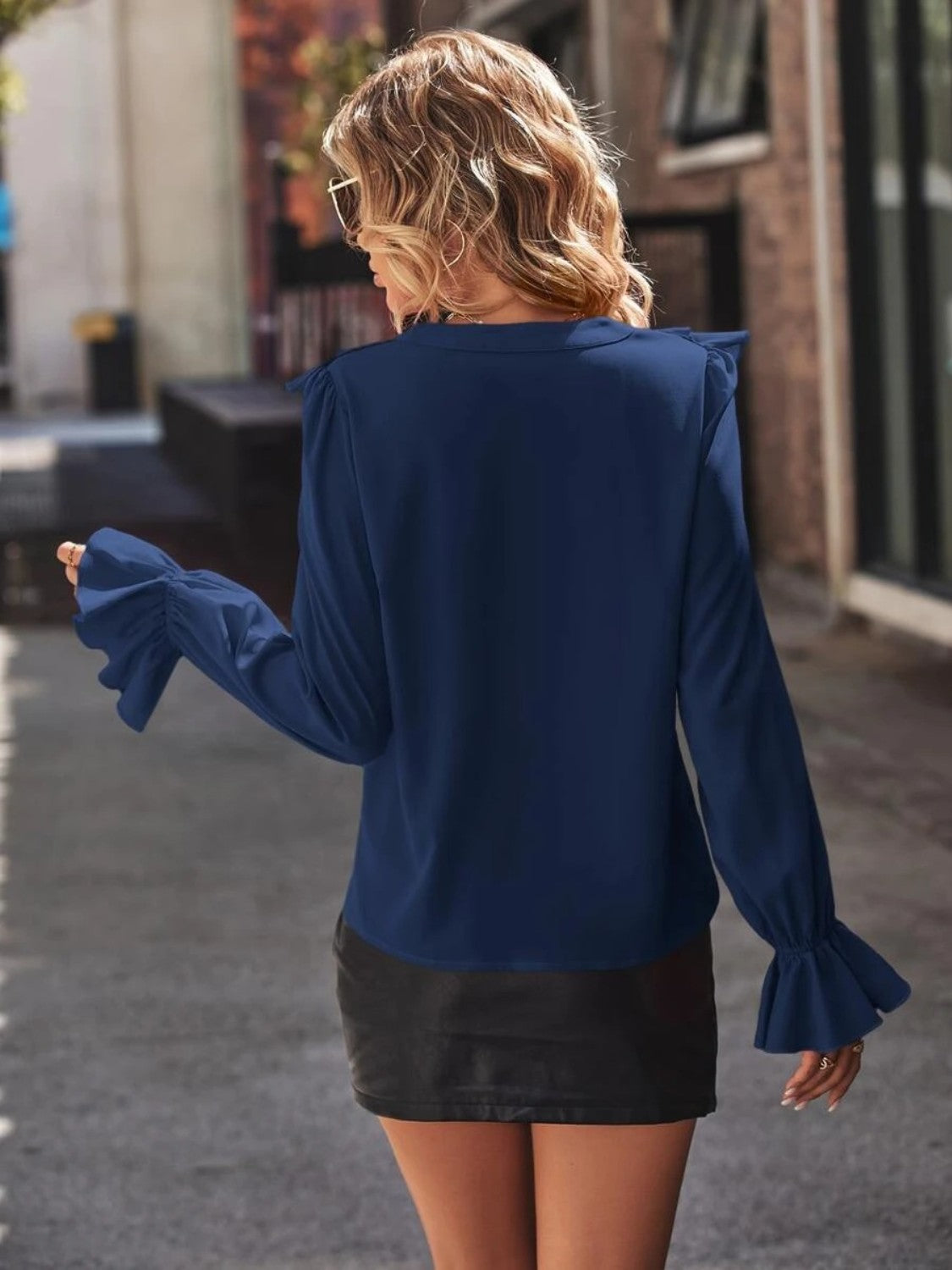 Ruffled V-Neck Flounce Sleeve Shirt - Thandynie