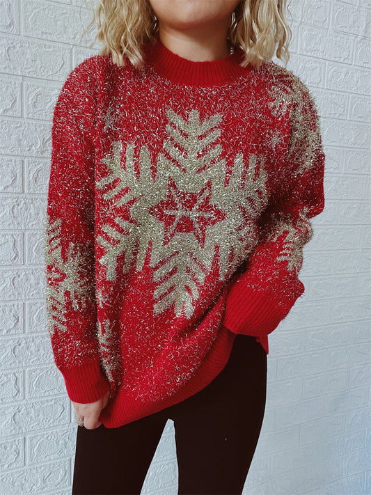 Christmas Element Round Neck Sweater Deep Red