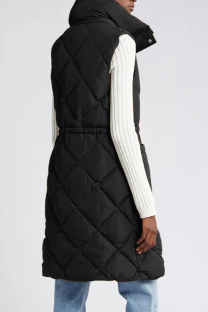 Black Longline Quilted Stand Collar Puffer Vest