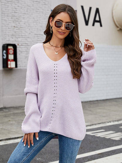 Openwork Dropped Shoulder Long Sleeve Sweater Carnation Pink