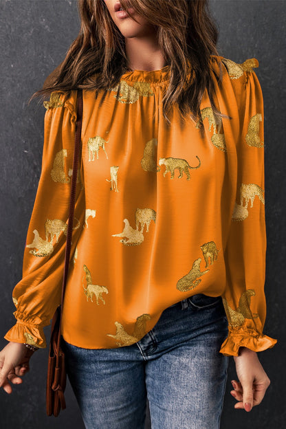 Frill Animal Flounce Sleeve Blouse Tangerine