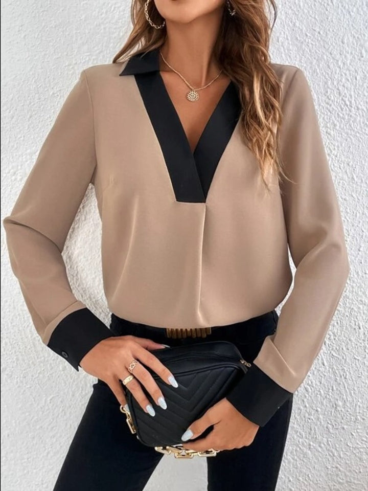 Contrast Trim V-Neck Long Sleeve Blouse Camel