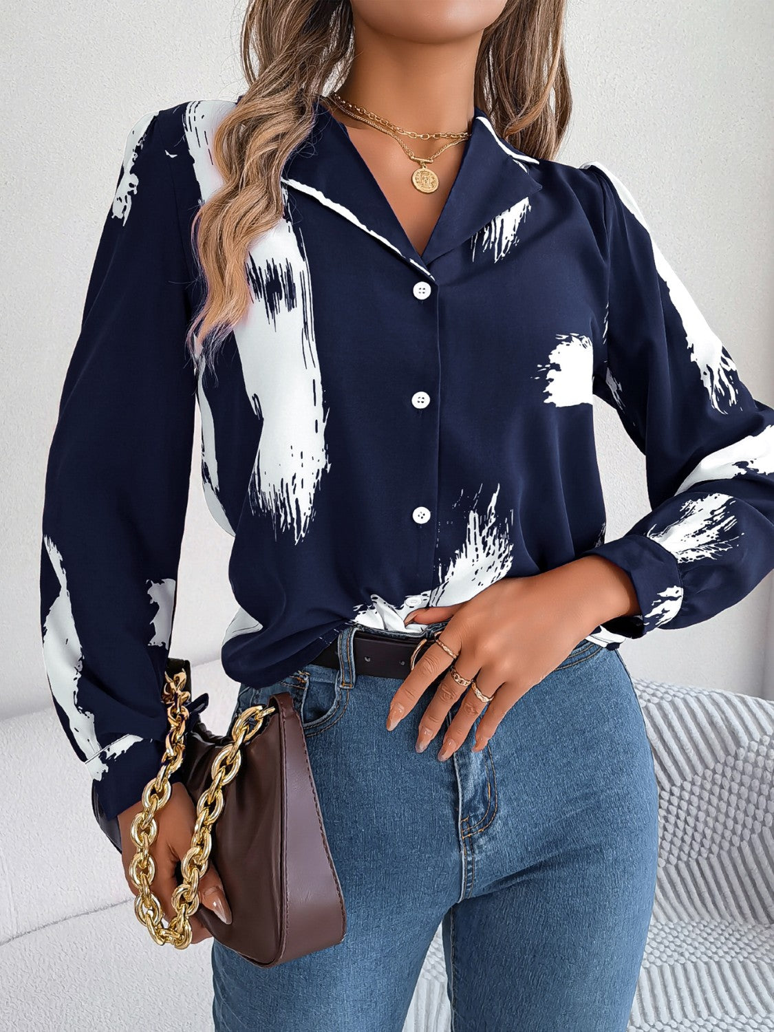 Printed Collared Neck Button Up Shirt