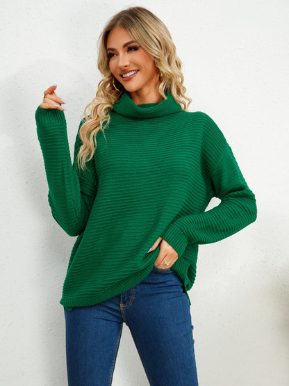 Slit Turtleneck Dropped Shoulder Sweater Dark Green