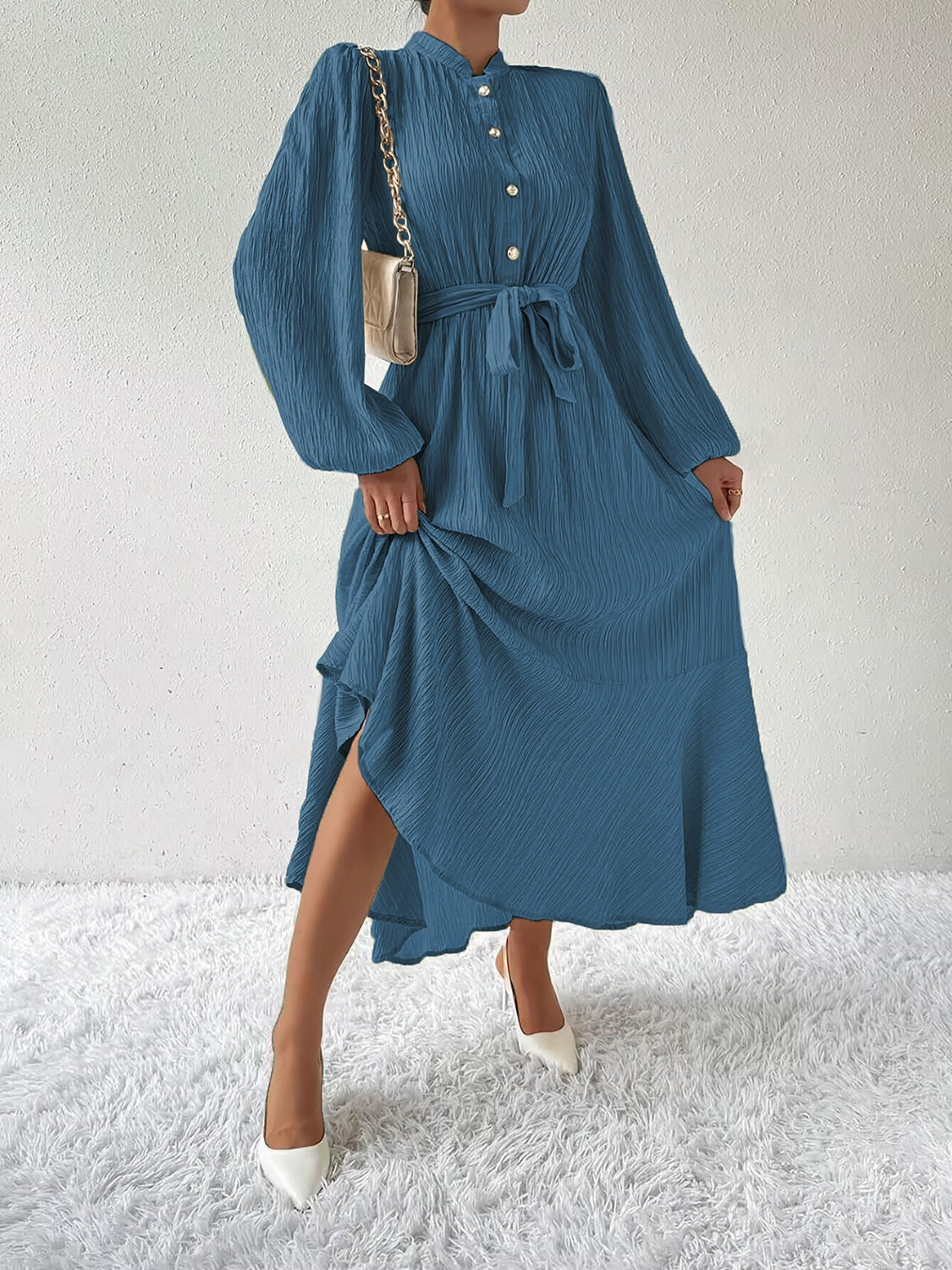 Tie Waist Long Sleeve Dress - Thandynie