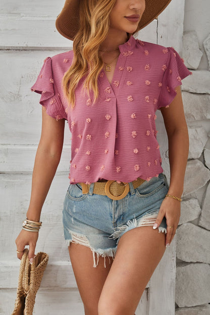 Swiss Dot Notched Cap Sleeve T-Shirt Dusty Pink