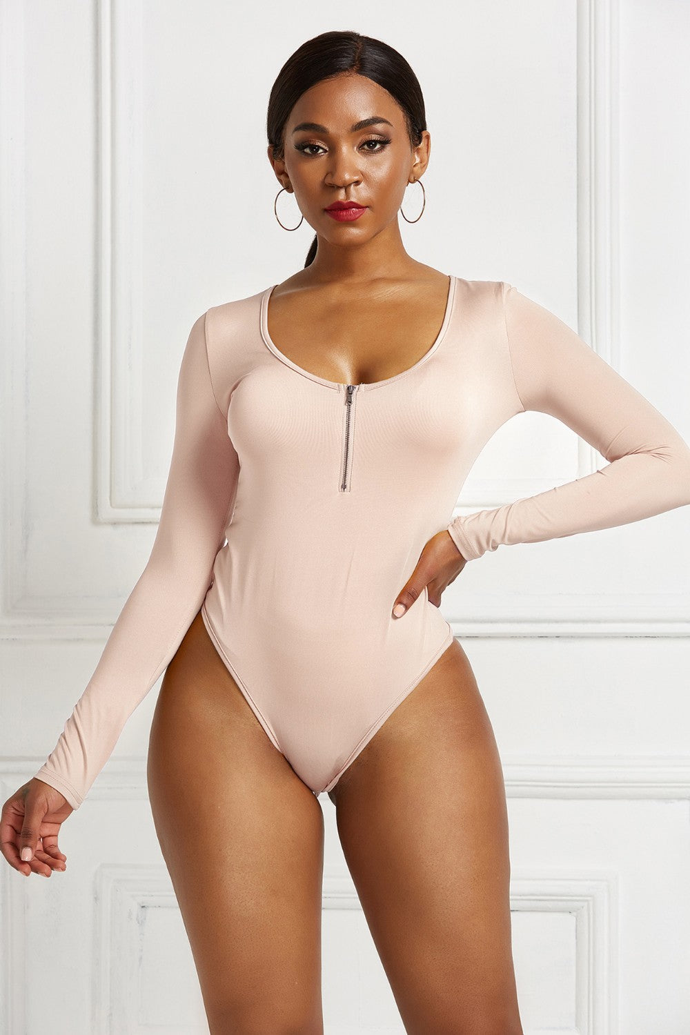 Half Zip Scoop Neck Long Sleeve Bodysuit - Thandynie