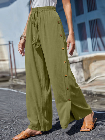 Full Size Tassel Wide Leg Pants Yellow-Green