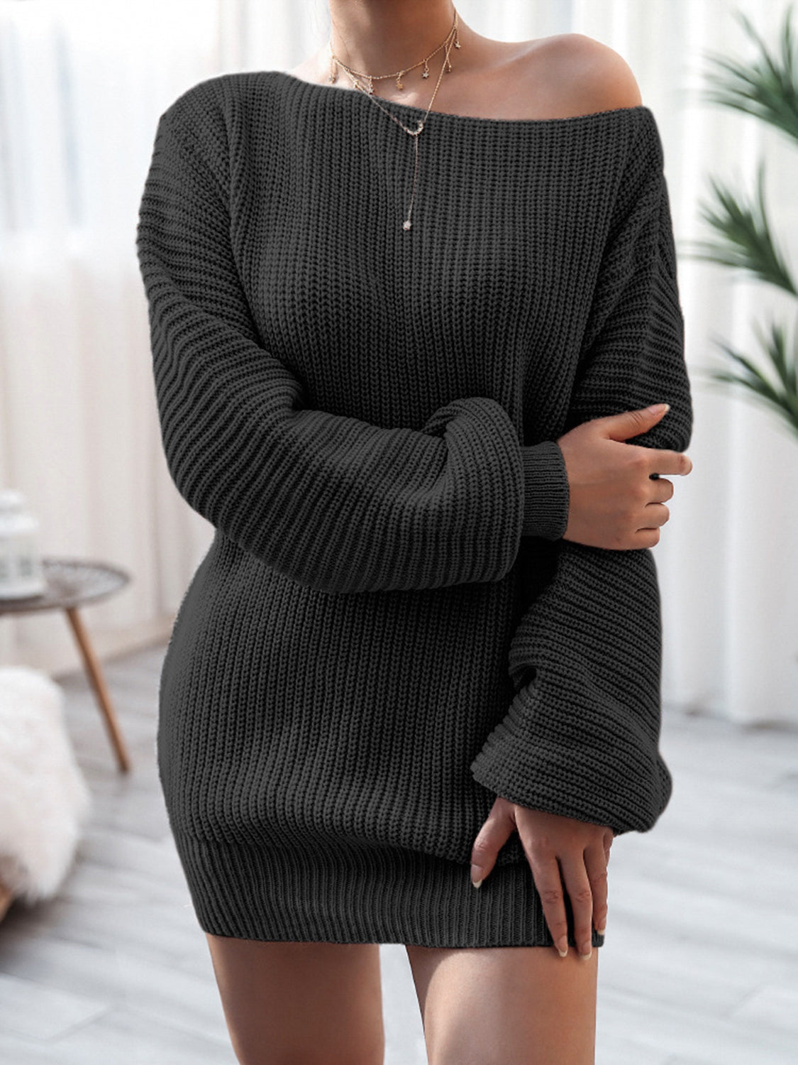 Rib-Knit Mini Sweater Dress with Stretch Black