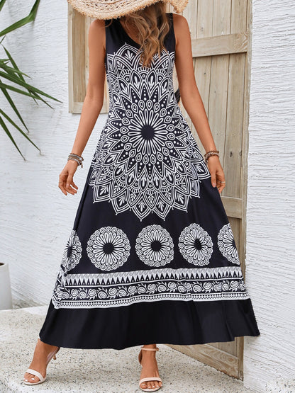 Printed Round Neck Sleeveless Dress Black