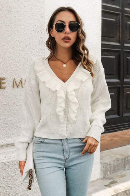 Ruffle Trim Button-Down Dropped Shoulder Sweater White