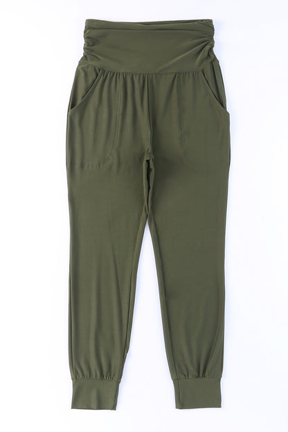 Green High Waist Pleated Pocket Leggings