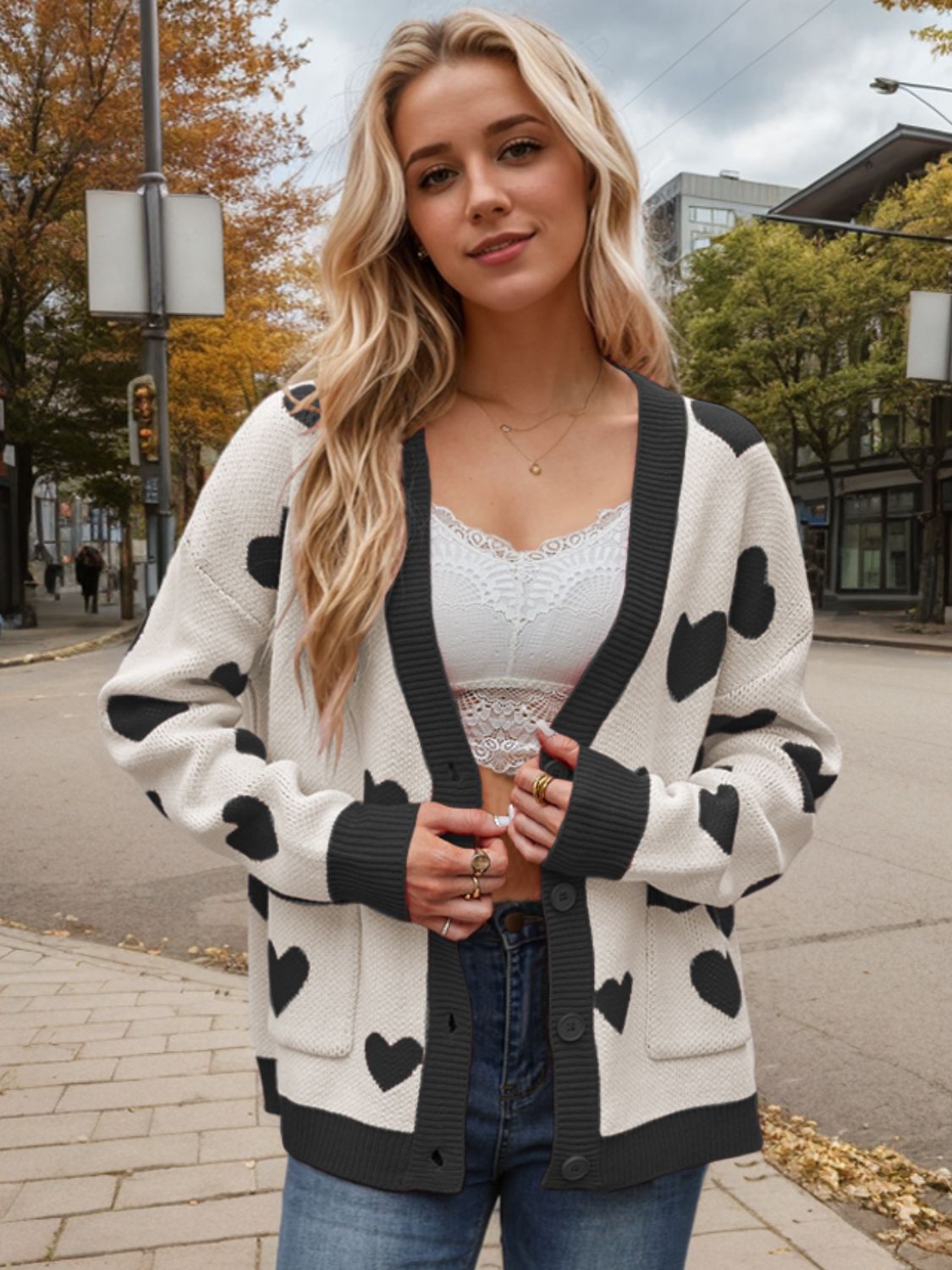 Heart Button Up Dropped Shoulder Long Sleeve Cardigan Cream