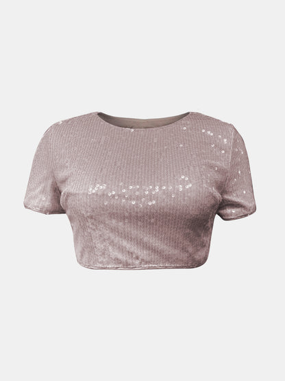 Sequin Round Neck Short Sleeve T-Shirt