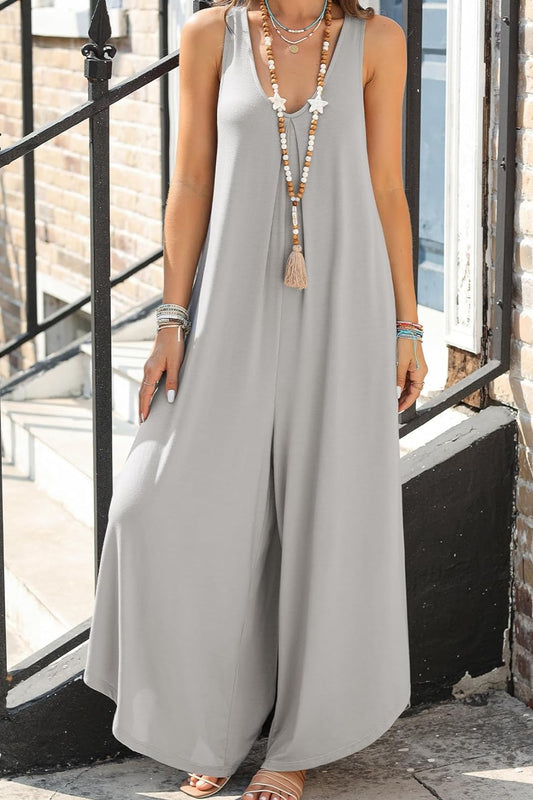 Pocketed Scoop Neck Wide Leg Jumpsuit Gray