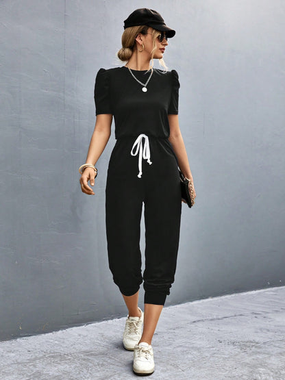 Round Neck Short Sleeve Jumpsuit Black