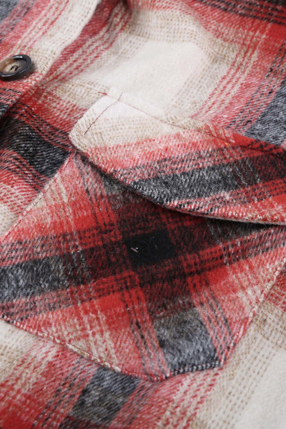 Red Turn down Neck Plaid Pocket Button Closure Coat