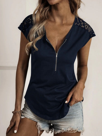 Lace Detail Half Zip Cap Sleeve T-Shirt Dark Blue