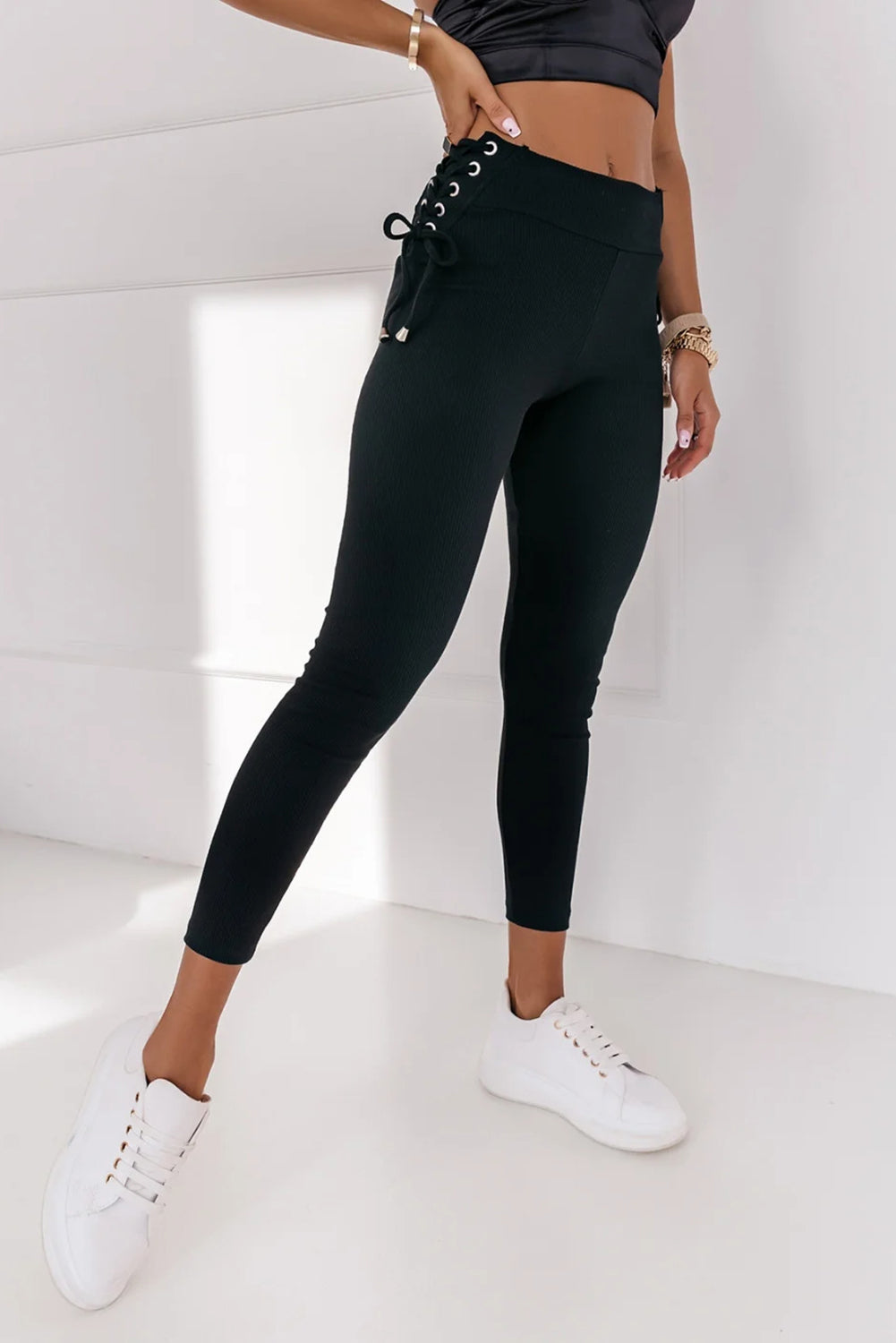 Black Side Lace up Ribbed Leggings Black 82%Polyamide+18%Elastane