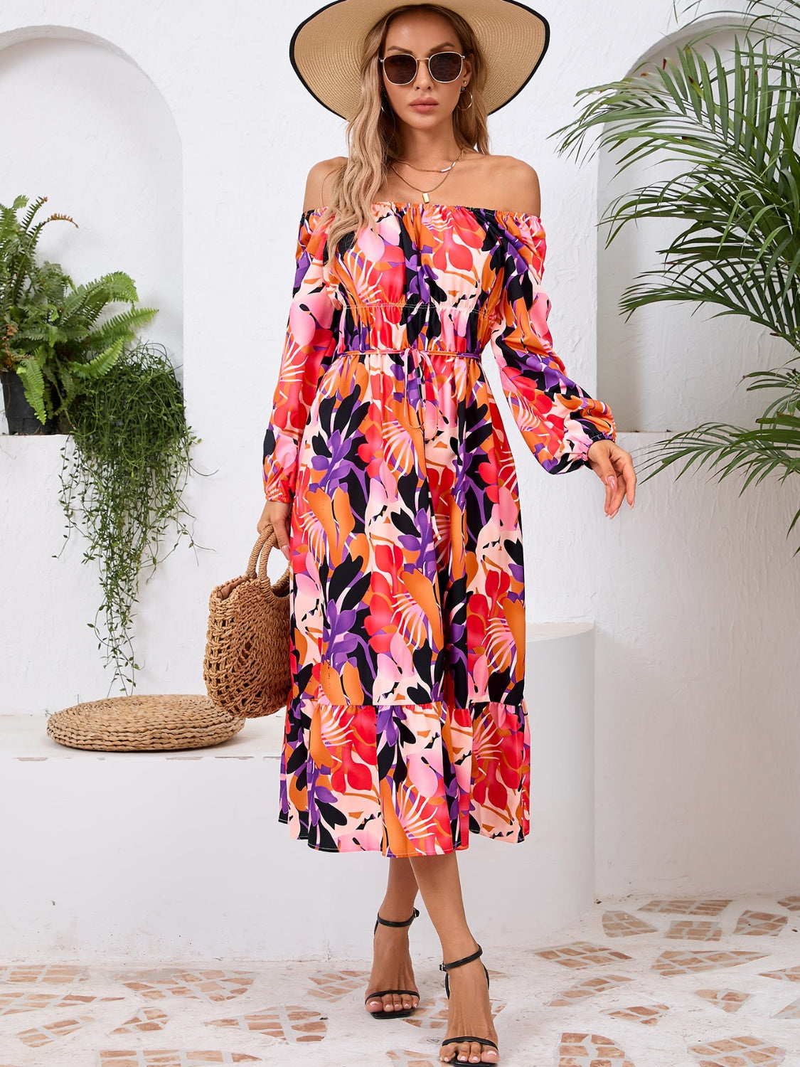 Printed Long Sleeve Midi Dress Orange-Red