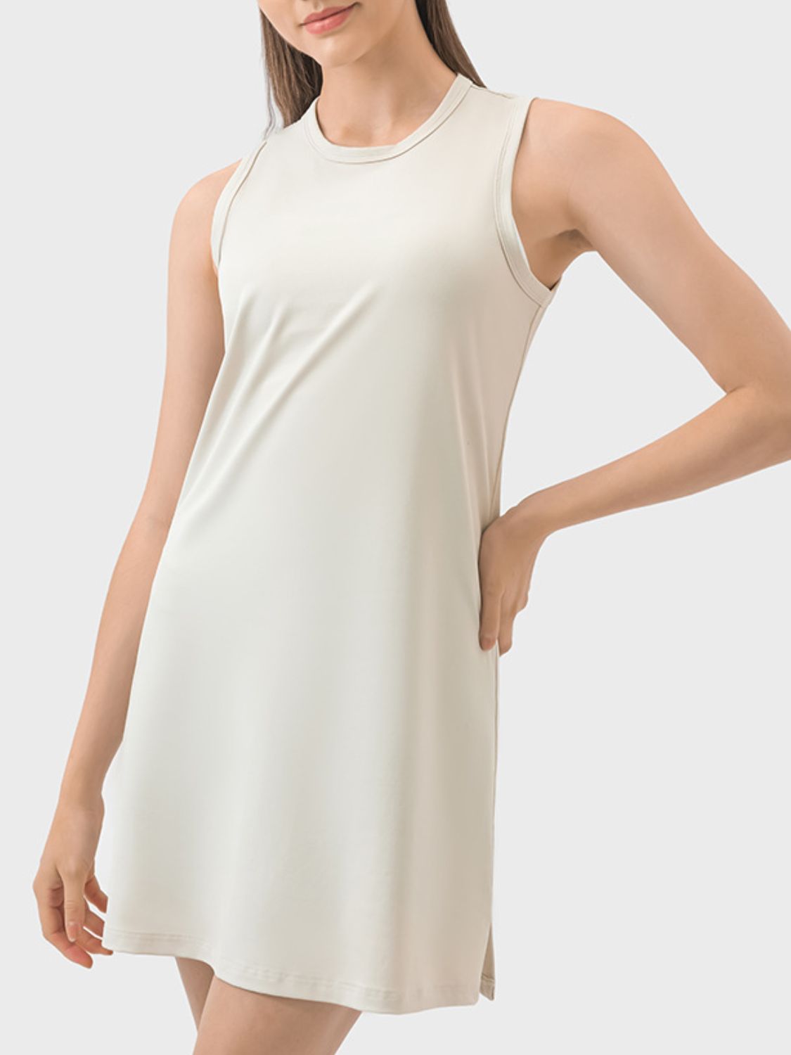 Round Neck Sleeveless Active Dress Beige