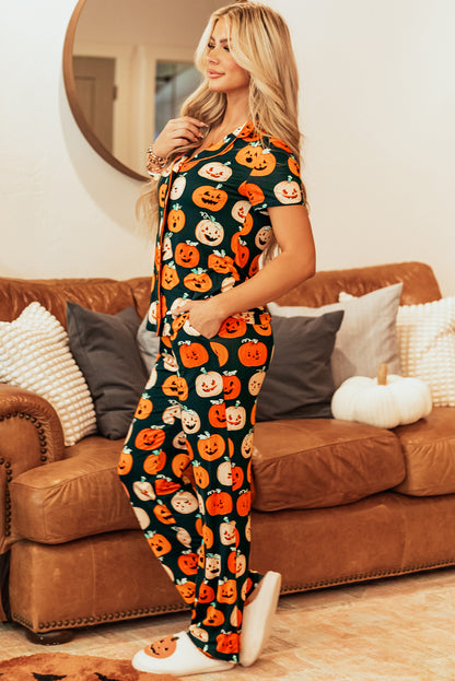 Orange Halloween Pattern Short Sleeve Shirt Pajama Set