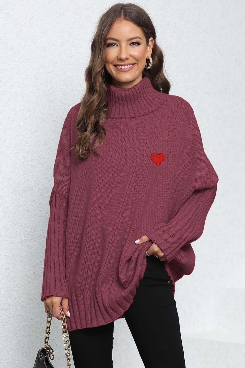 Turtle Neck Long Sleeve Ribbed Sweater Burgundy One Size