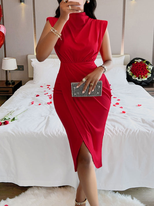 Cutout Slit Mock Neck Sleeveless Dress Scarlet