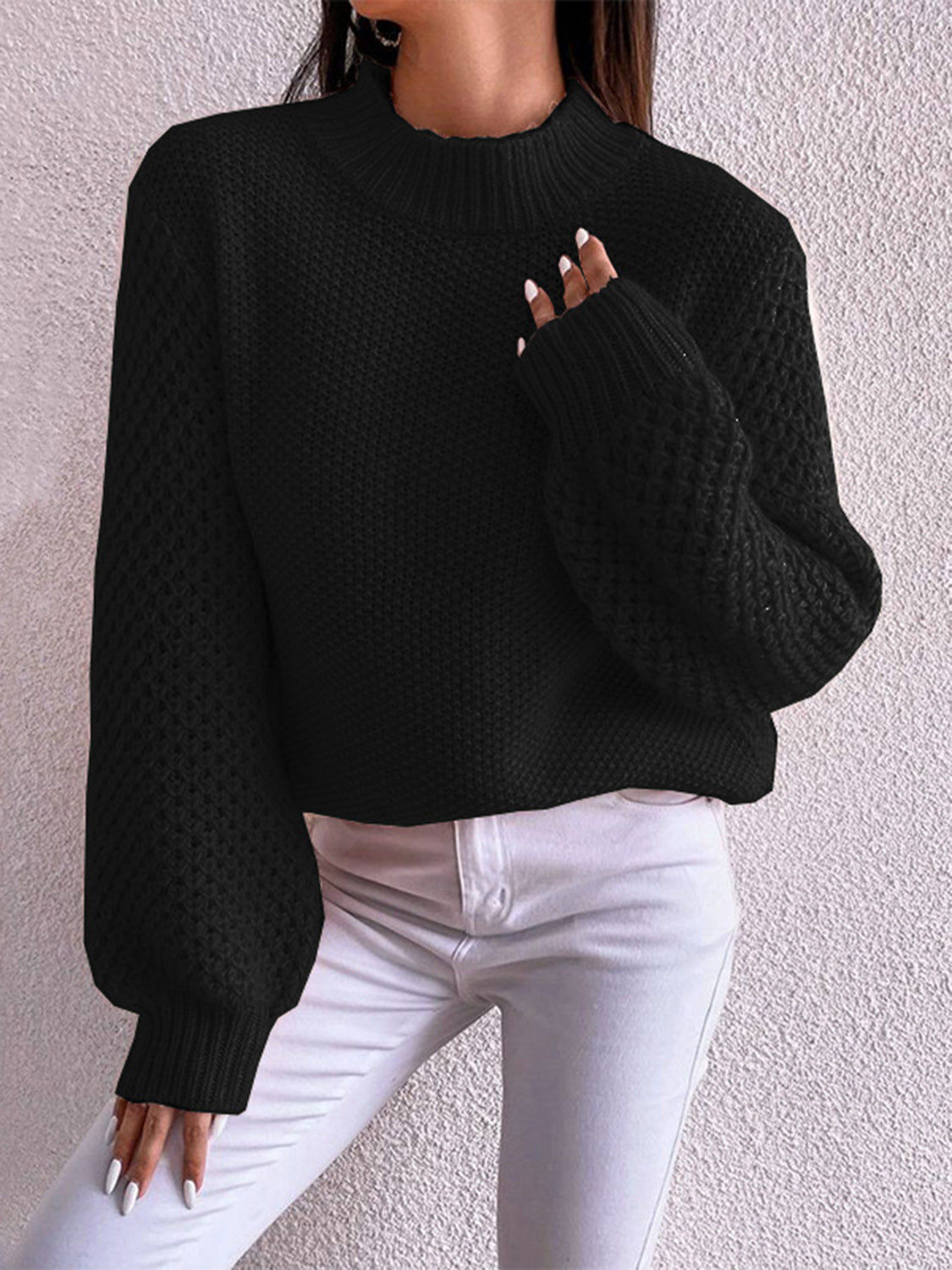 Openwork Mock Neck Long Sleeve Sweater Black