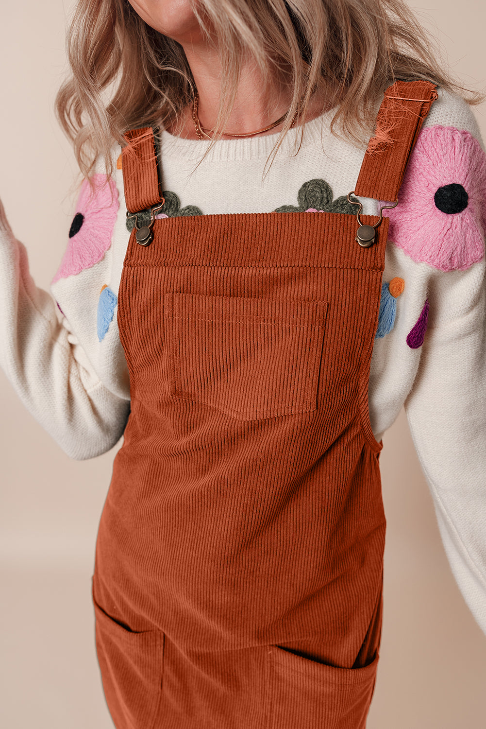 Cinnamon Solid Front Pockets Sleeveless Corduroy Overall Dress