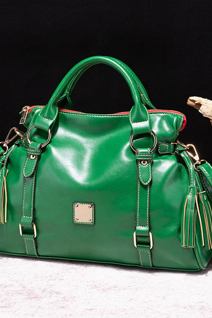 PU Leather Handbag with Tassels Green One Size