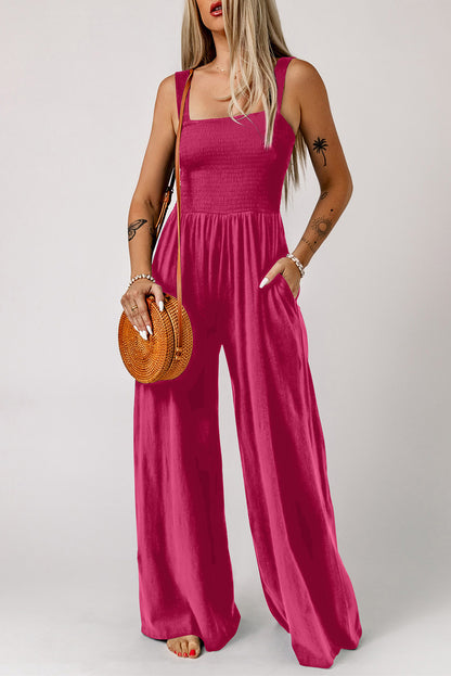 Smocked Square Neck Wide Leg Jumpsuit with Pockets Deep Rose