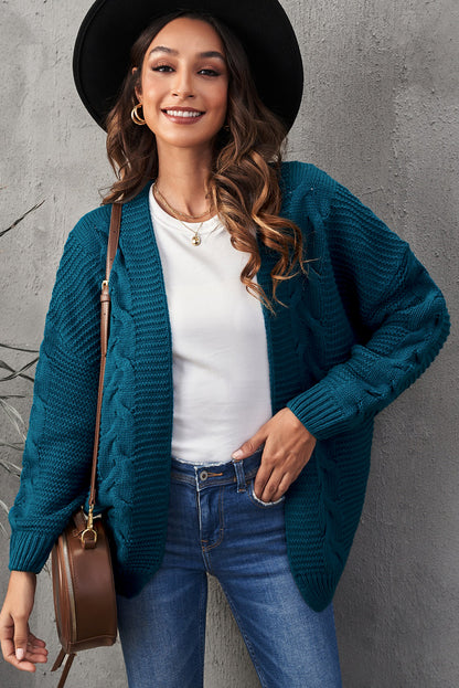 Waffle-Knit Open Front Dropped Shoulder Sweater Dark Blue