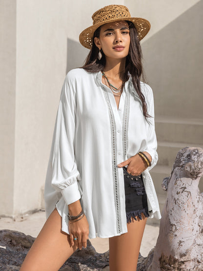 Openwork Button Up Long Sleeve Shirt White