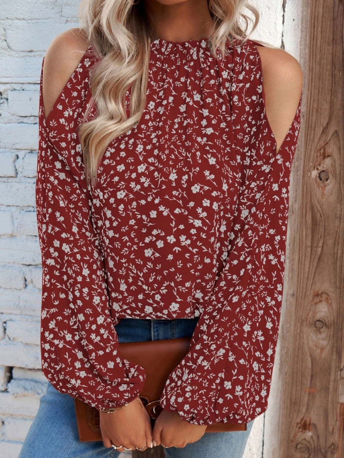 Floral Cold-Shoulder Blouse Deep Red