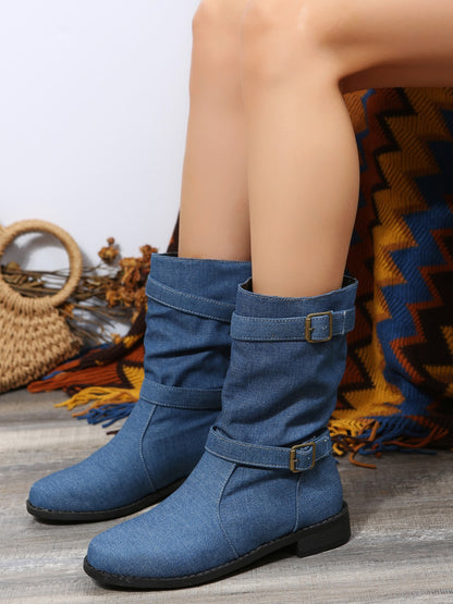 Double Buckle Block Heel Boots Medium