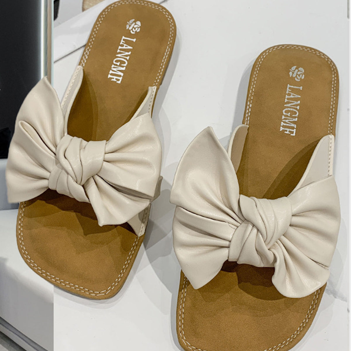 Bow PU Leather Flat Sandals Cream