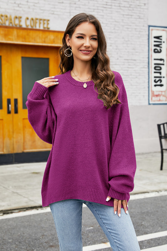 Round Neck Long Sleeve Sweater Purple