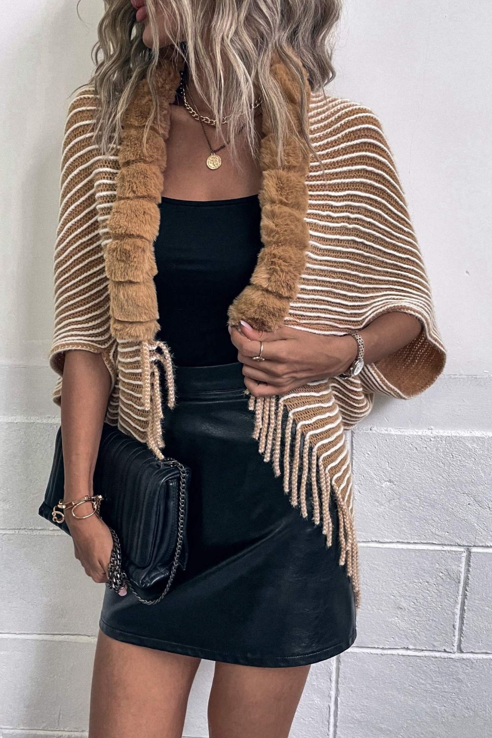 Striped Open Front Fringe Poncho - Thandynie