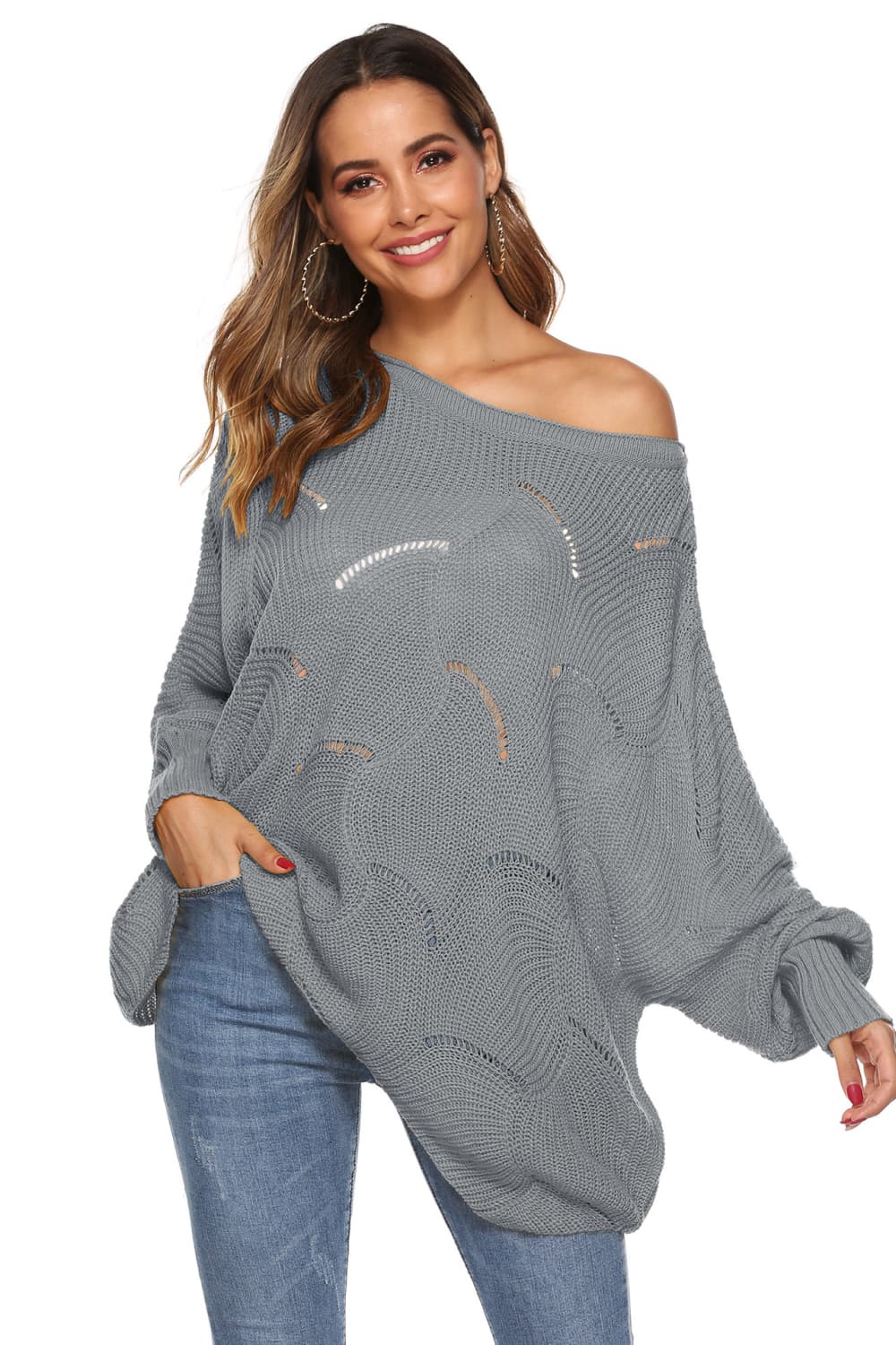 Round Neck Long Sleeve Openwork Sweater Light Gray