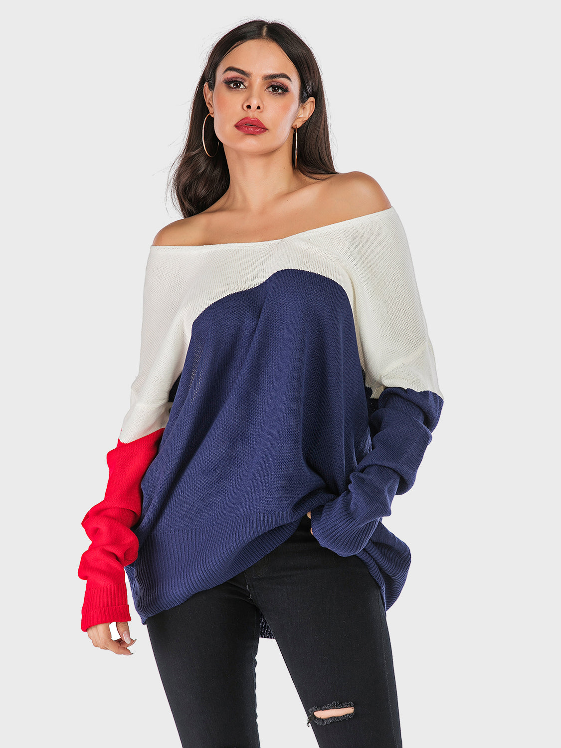 Perfee Contrast V-Neck Long Sleeve Knit Top Dark Blue