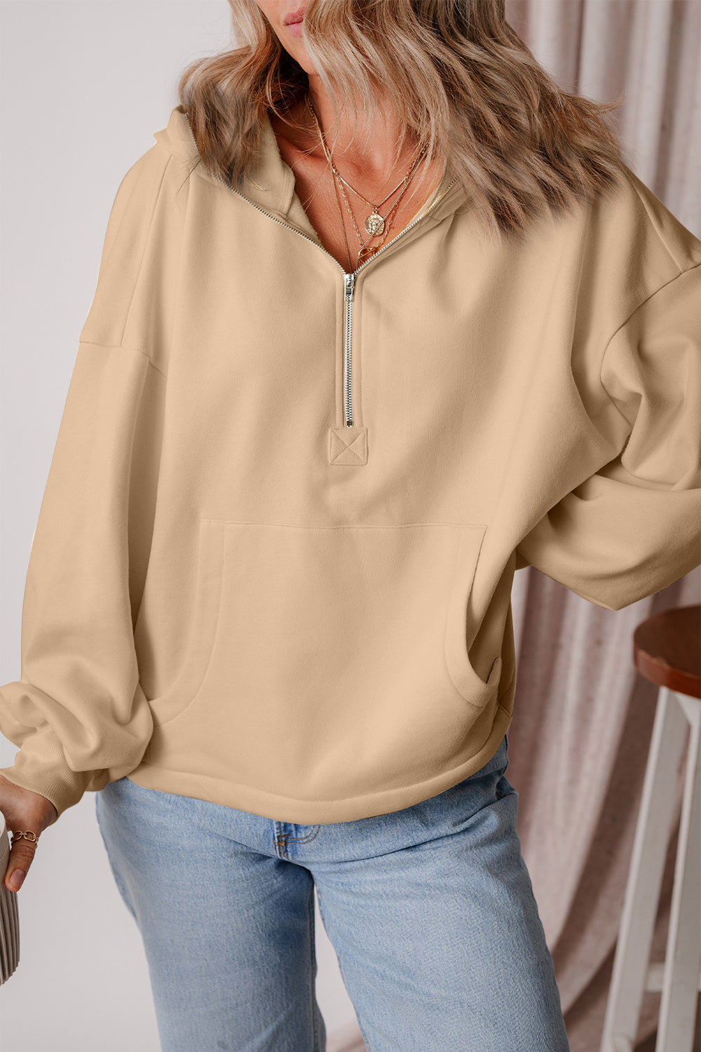 Pocketed Half Zip Dropped Shoulder Hoodie Tan